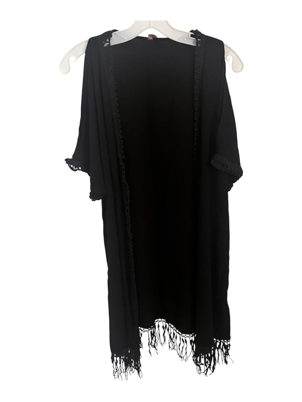 XCVII Black Boho Kimono Cardigan Crochet Fringe Open Front Size S